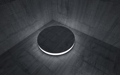 Stand by your object, standing in a dark concrete room and illuminated . 3D illustration. 3D rendering