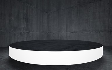 Stand by your object, standing in a dark concrete room and illuminated . 3D illustration. 3D rendering