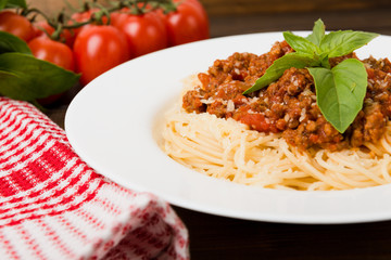 Pasta with meat, tomato sauce and vegetables