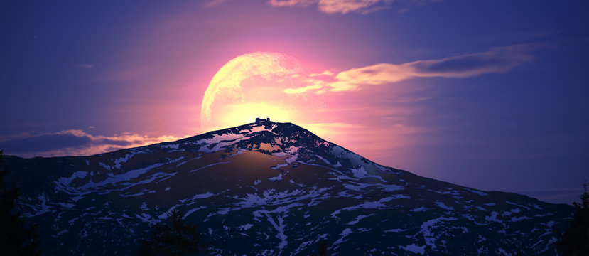 Fototapeta Sunrise Moon Black Mountain