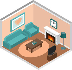 Living room interior in isometric style. House design with fireplace and furniture. Vector 3D illustration.