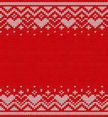 Fototapeta na wymiar Knitted seamless pattern with place for text. Vector knitting texture. Valentine Day red background with hearts. Flat design.