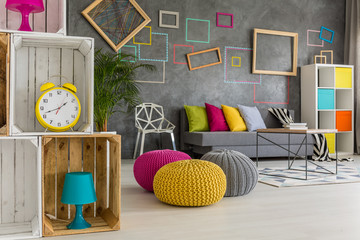 Wooden boxes in colorful room