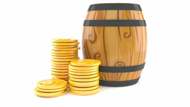 Barrel with stack of coins isolated on white background