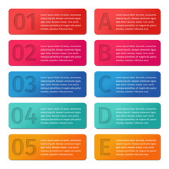 Infographic arrows templates 5 and A-E options, parts, steps, processes. Infographics business concept. Info graphic data. Vector frames for text, quotes.