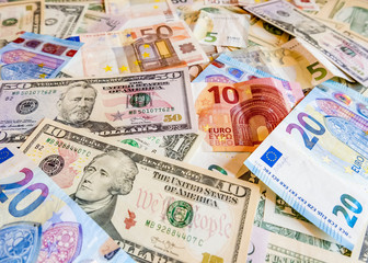 Close-Up of american US dollars and euros
