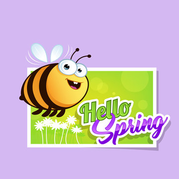 Card hello spring with a cartoon bee