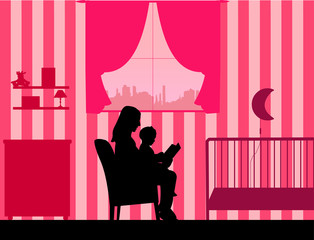 Mother reading her daughter a bedtime story in the room, one in the series of similar images silhouette