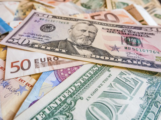 Close-Up of american US dollars and euros