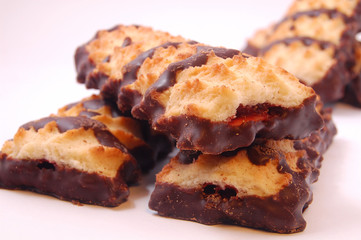 Pile of shortbread cookies with jam and chocolate icing