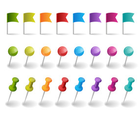 flags and pins in differnt colors on the white background
