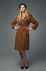 Spring french look. Gir in coat and beret. Chic