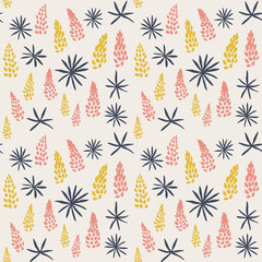 Vector seamless pattern with lupine flowers and leaves in pastel colors.