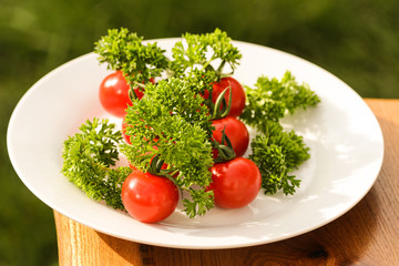 Obraz na płótnie Canvas Cherry tomatoes with curled parsley in white plate closeup
