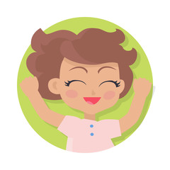 Smiling Girl with Raised Hands. Brown Wavy Hair