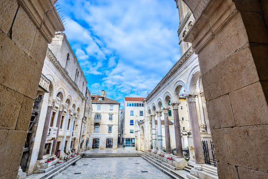 Split Croatia square Peristil / Scenic view at ancient square Peristil in marble touristic destination Split in Croatia, european travel places.