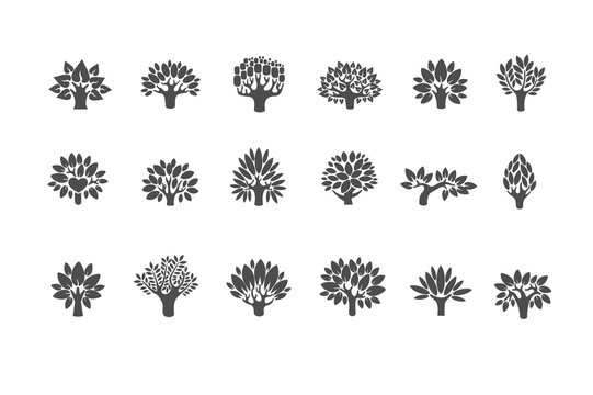 Tree logo set. Tree illustration icon set. Tree with flowers 