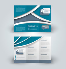 Brochure mock up design template for business, education, advertisement. Trifold booklet editable printable vector illustration. Blue color.