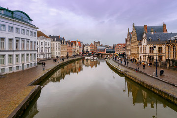 Gent. View of the old city on the sunset.