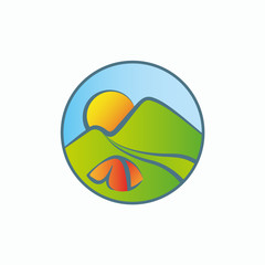 Camping and outdoor adventure illustration. Color tourism round emblem with a tent, and mountain landscape.