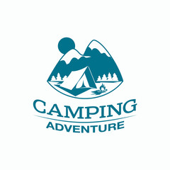 Camping and outdoor adventure logo. Monochrome tourism emblem with a tent, campfire and mountain landscape.