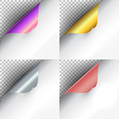 Set the curved glossy gold, silver, rose and purple gold corners of white paper with shadow. Mock-ups closeup on colorful backgrounds. Vector illustration EPS 10