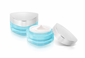 Two blue triangle cosmetic jar on white background