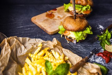 Fast food on the table: burger with beef or pork, or chicken and vegetables, French fries with tomato sauce, basil leaves