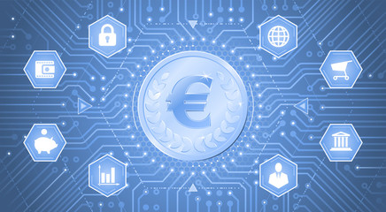 Digital Euro. A metallic coin with the Euro symbol on it in electronic cyberspace. Graphic composition on the theme of Crypto-Currencies.
