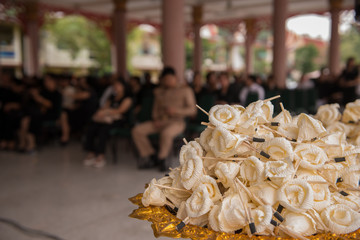 Sandalwood flowers or artificial flowers or wood cremation flower, kind of wood flower to be placed on the site of cremation or used during a funeral
