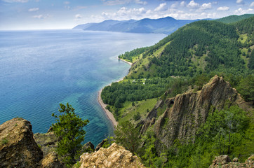 View above big beautiful lake, Baikal lake, Russia - obrazy, fototapety, plakaty