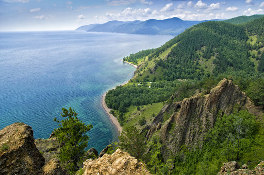 View above big beautiful lake, Baikal lake, Russia