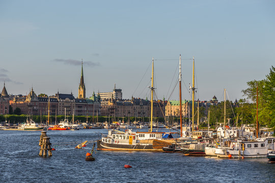 Boats in marina, warm evening, Stockholm, Sweden.