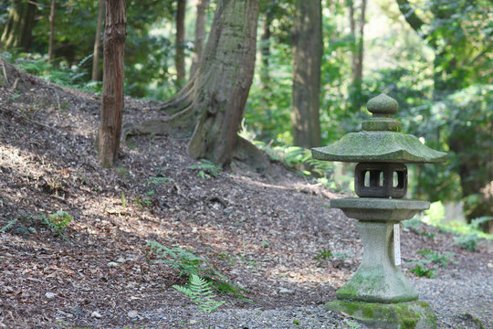 The old traditional stone lantern in a shady park in the religious temple in the Japanese city