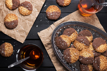 Chocolate cookies on a dark table