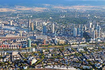Panoramic view of Skyline Frankfurt/Main, Germany from the plane
