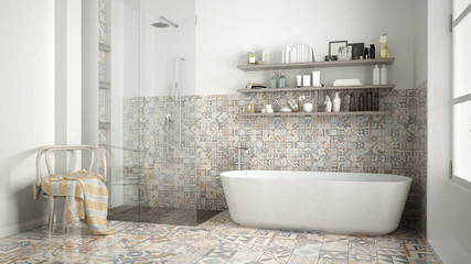 Obraz na płótnie Canvas Scandinavian bathroom, classic white vintage interior design