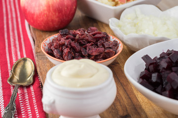 Ingredients for homemade, healthy, beet cranberry, apple salad.