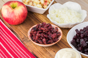 Ingredients for homemade, healthy, beet cranberry, apple salad.