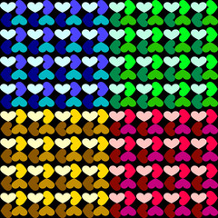 The pattern of a grid of hearts. Set the grid patterns of blue red yellow green hearts
