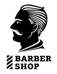 Profile silhouette cartoon mustached european man's head with a fashionable hairstyle. Icon for barber shop, vector, isolated on background.
