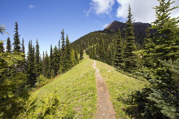 Hiking trail heads up a steep mountain ridge - obrazy, fototapety, plakaty