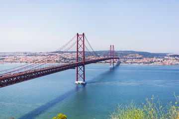 25th of April Bridge in Lisbon. Panoramic view of Lisbon, the Tagus River and Bridge from the National Sanctuary of Christ the King