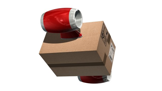 Fast cargo delivery concept - shipping cardboard box with airplane turbines isolated on white 