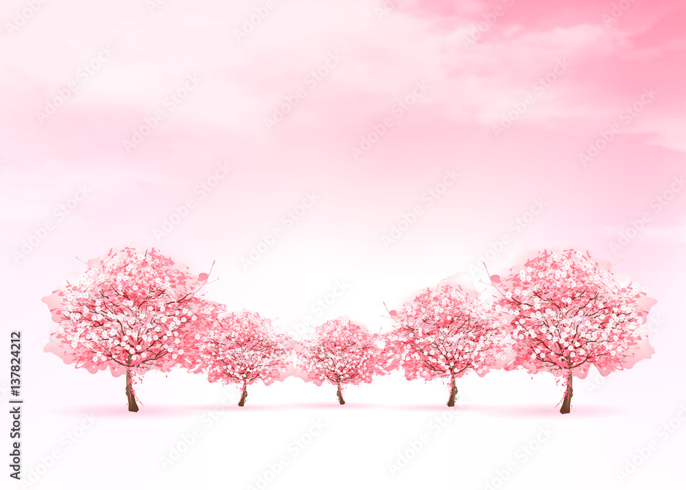 Aufkleber spring nature background with a pink blooming sakura tree. vector.