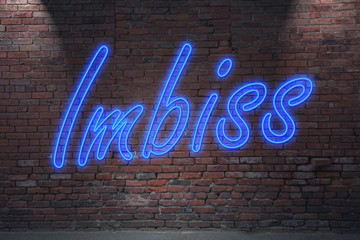 Obraz premium Leuchtreklame Imbiss an Ziegelsteinmauer