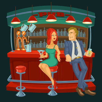 Cartoon illustration of man meets a woman in  bar