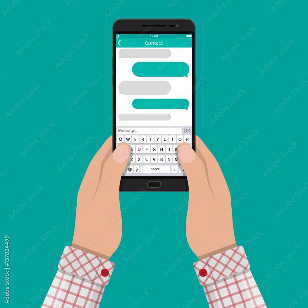 Poster hands and smartphone with messaging sms app