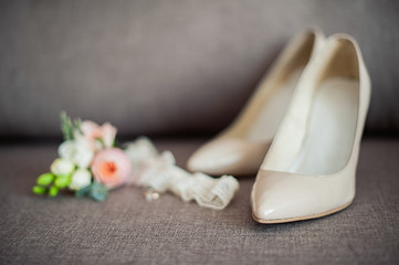 Wedding boutonniere , bridal shoes , engagement ring. sweet wedding morning