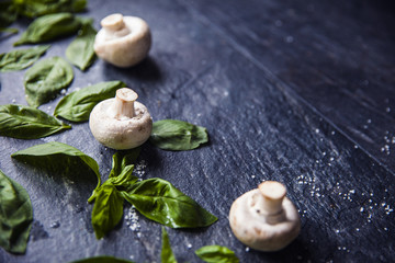 basil leaves on food background with mushrooms